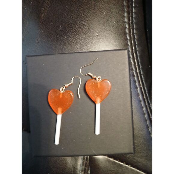 3D Realistic Red Heart Lollipop Dangle Earrings - Picture 2 of 4